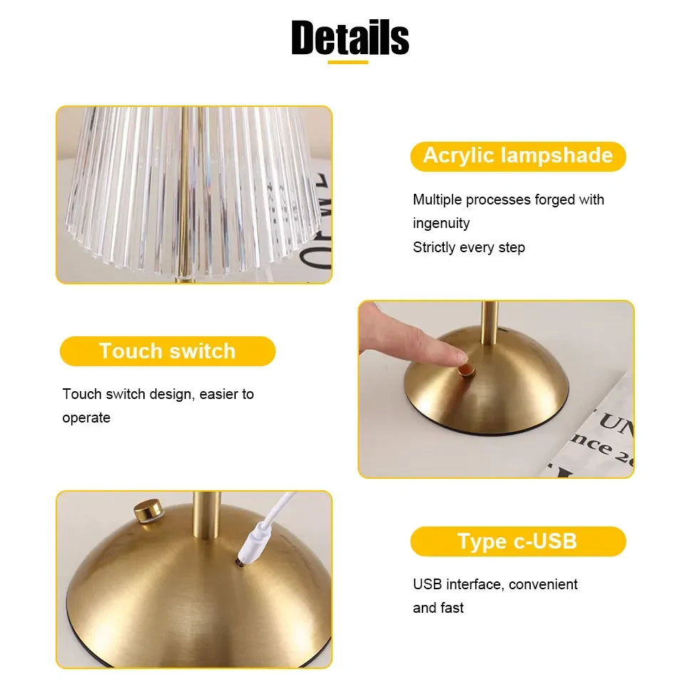 Night Light LED Table Lamp Touch Sensor Rechargeable Nordic Interior Dimming Stand LED Bedside Lamp Restaurant Hotel Bar Bedroom