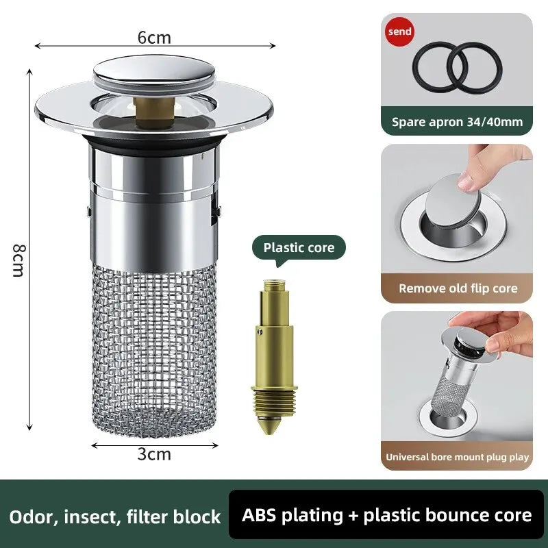 1PCS Washbasin Leak Plug, Stainless Steel Odor Proof Bouncing Core, Press Type Sink Drain, Universal Accessory for Washbasin